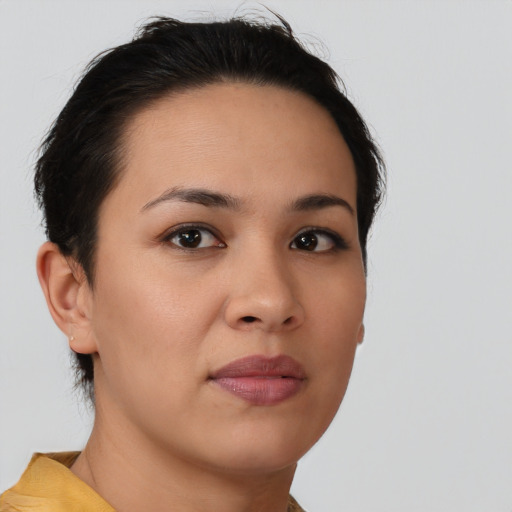 Neutral white young-adult female with short  brown hair and brown eyes