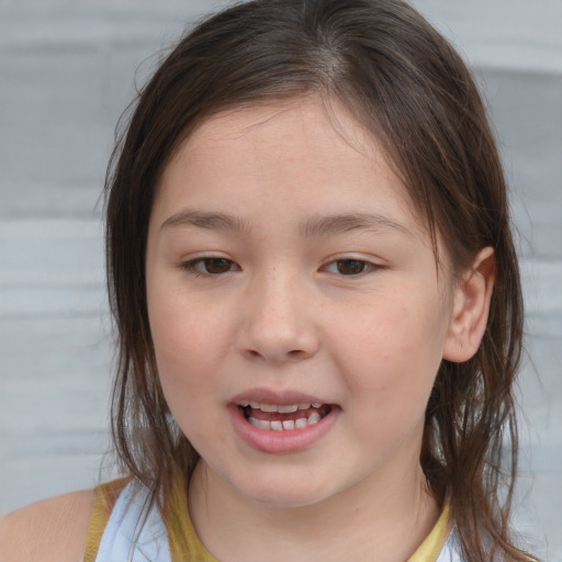 Joyful white child female with medium  brown hair and brown eyes