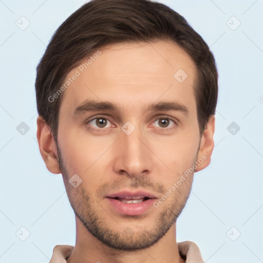 Neutral white young-adult male with short  brown hair and brown eyes