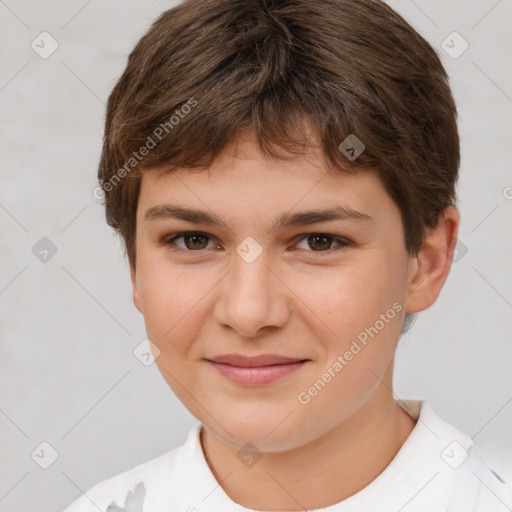 Joyful white child female with short  brown hair and brown eyes