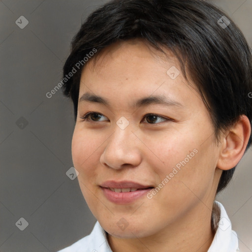 Joyful asian young-adult female with short  brown hair and brown eyes