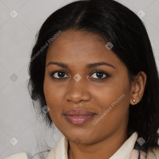 Joyful black young-adult female with medium  brown hair and brown eyes