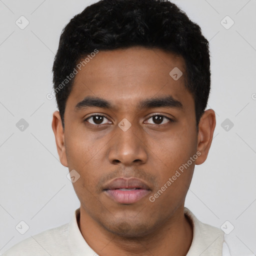 Neutral latino young-adult male with short  black hair and brown eyes