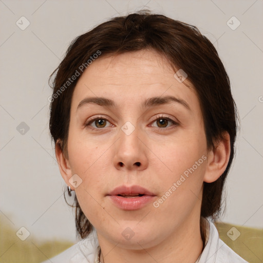 Neutral white young-adult female with medium  brown hair and brown eyes