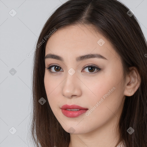 Neutral white young-adult female with long  brown hair and brown eyes