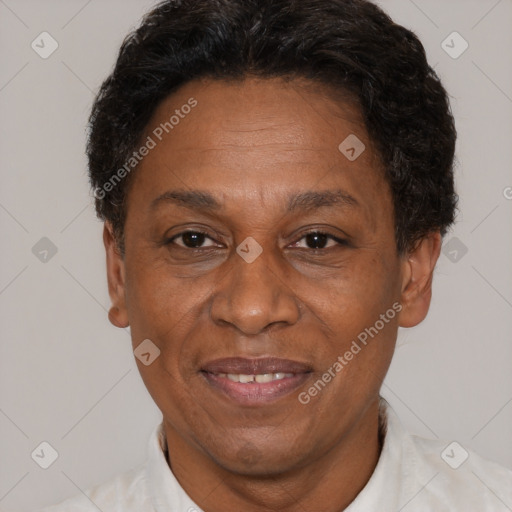 Joyful latino adult female with short  brown hair and brown eyes
