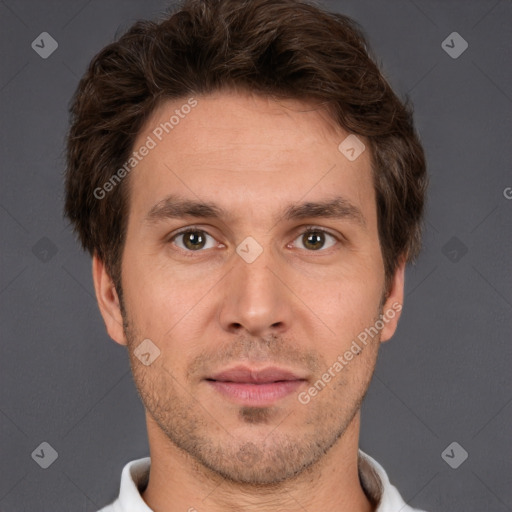 Neutral white adult male with short  brown hair and brown eyes