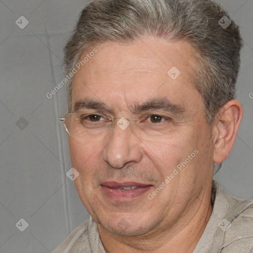 Joyful white middle-aged male with short  brown hair and brown eyes