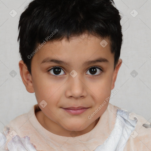 Joyful white child male with short  brown hair and brown eyes