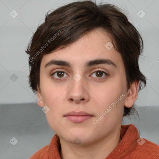 Neutral white young-adult female with medium  brown hair and brown eyes