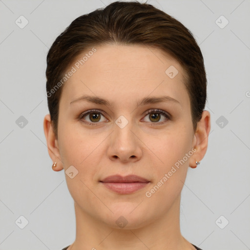 Joyful white young-adult female with short  brown hair and brown eyes