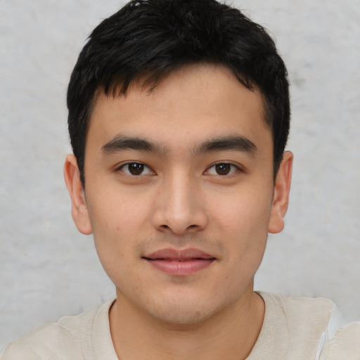 Neutral asian young-adult male with short  black hair and brown eyes