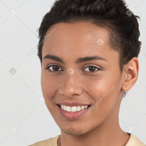 Joyful white young-adult female with short  brown hair and brown eyes