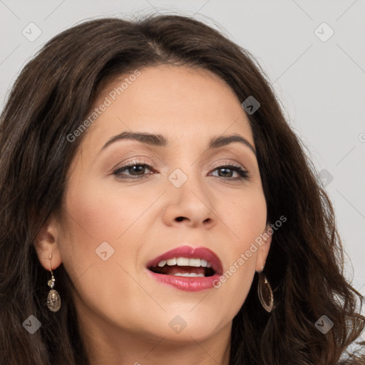 Joyful white young-adult female with long  brown hair and brown eyes