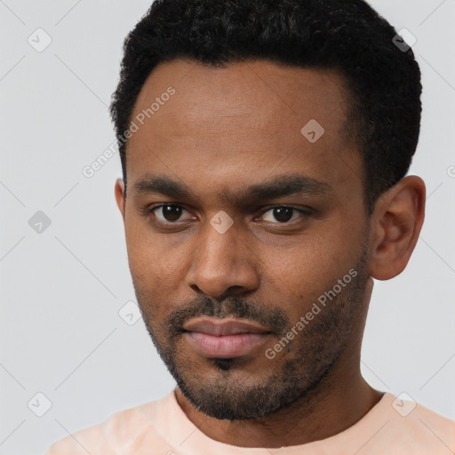 Neutral latino young-adult male with short  black hair and brown eyes