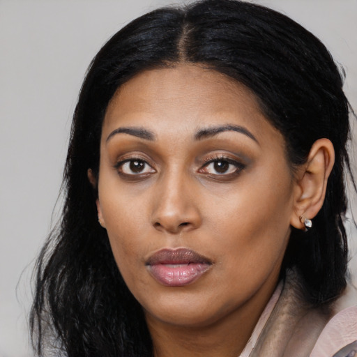 Neutral asian young-adult female with long  black hair and brown eyes