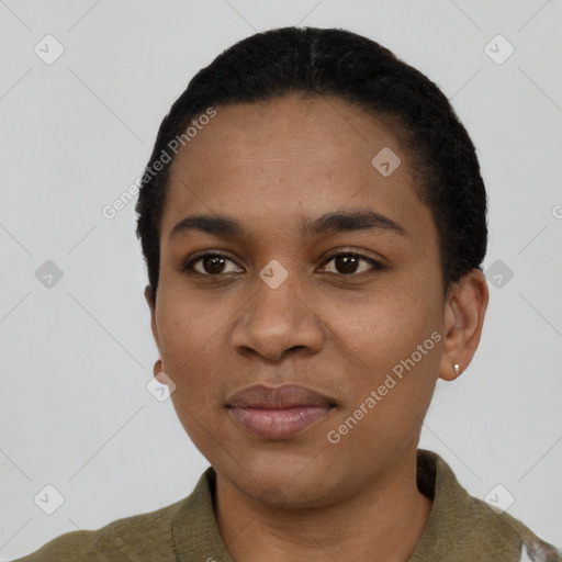 Neutral black young-adult female with short  black hair and brown eyes