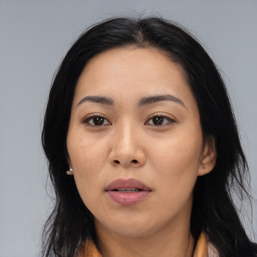 Neutral asian young-adult female with long  black hair and brown eyes