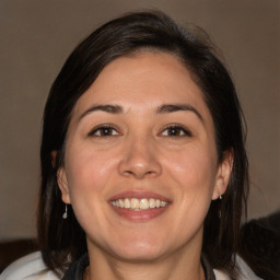 Joyful white adult female with medium  brown hair and brown eyes