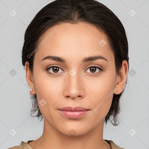 Neutral white young-adult female with medium  brown hair and brown eyes