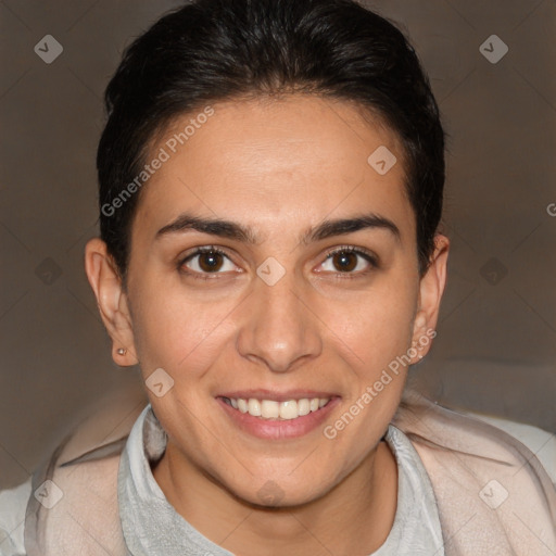 Joyful white young-adult female with short  brown hair and brown eyes