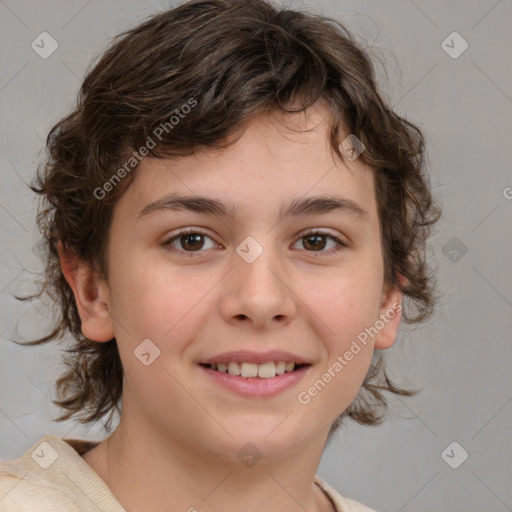 Joyful white child female with medium  brown hair and brown eyes