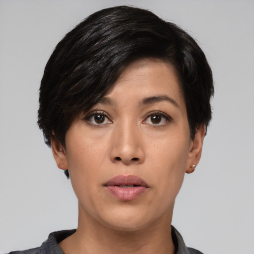 Neutral asian young-adult female with short  black hair and brown eyes