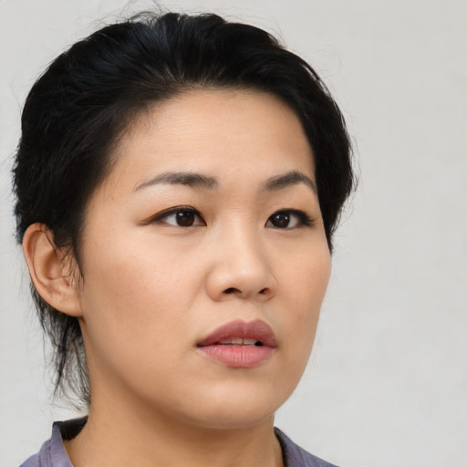 Neutral asian young-adult female with medium  black hair and brown eyes