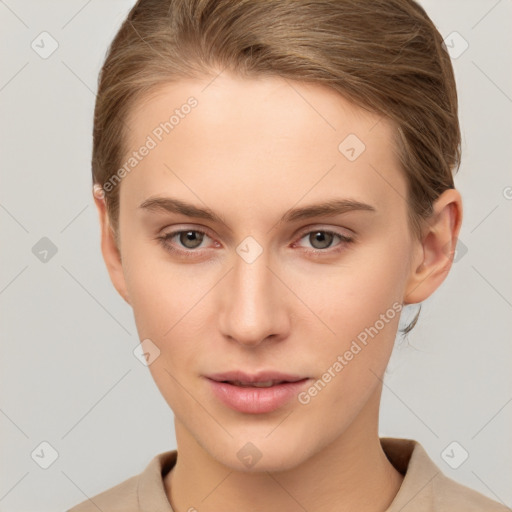 Neutral white young-adult female with short  brown hair and brown eyes