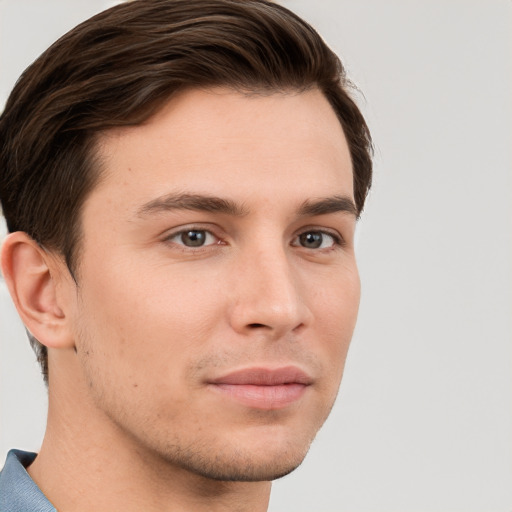 Neutral white young-adult male with short  brown hair and grey eyes