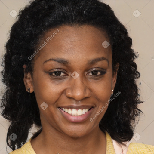 Joyful black young-adult female with medium  brown hair and brown eyes