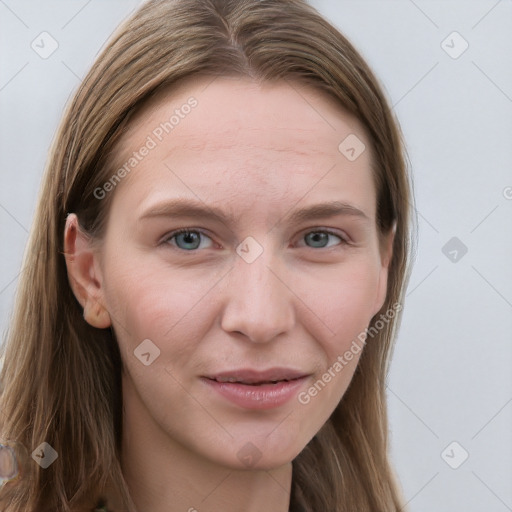 Joyful white young-adult female with long  brown hair and grey eyes