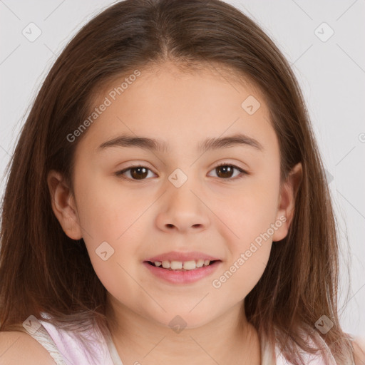 Joyful white child female with medium  brown hair and brown eyes