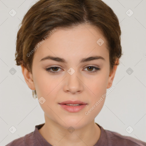 Neutral white young-adult female with short  brown hair and brown eyes