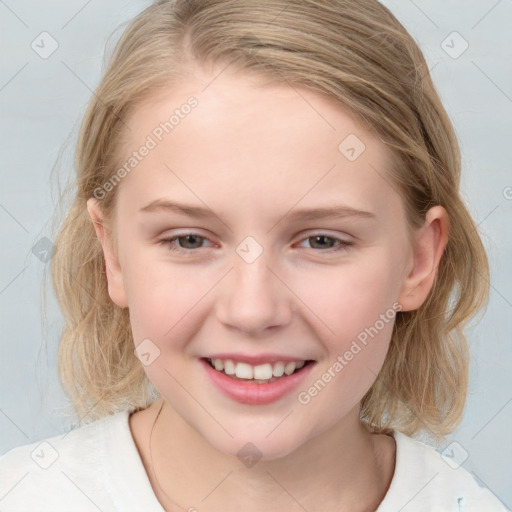 Joyful white child female with medium  brown hair and blue eyes