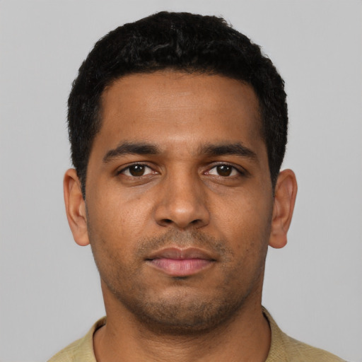 Neutral latino young-adult male with short  black hair and brown eyes