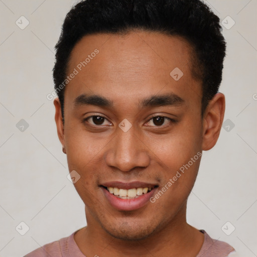 Joyful latino young-adult male with short  black hair and brown eyes