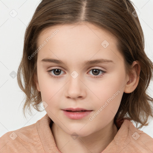 Joyful white child female with medium  brown hair and brown eyes