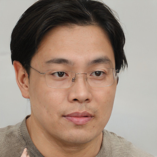 Neutral asian adult male with short  brown hair and brown eyes
