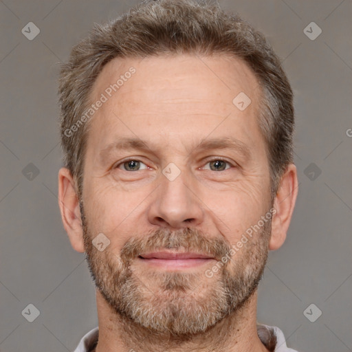 Neutral white adult male with short  brown hair and grey eyes