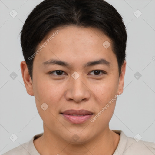 Joyful asian young-adult female with short  brown hair and brown eyes