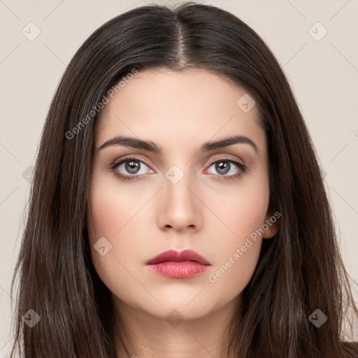 Neutral white young-adult female with long  brown hair and brown eyes