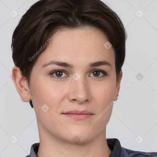 Neutral white young-adult female with short  brown hair and brown eyes