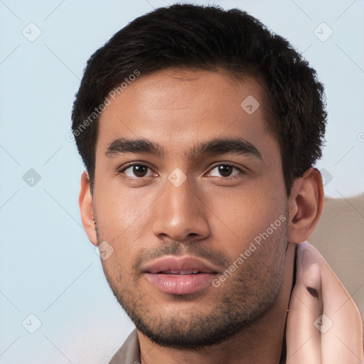 Neutral white young-adult male with short  brown hair and brown eyes