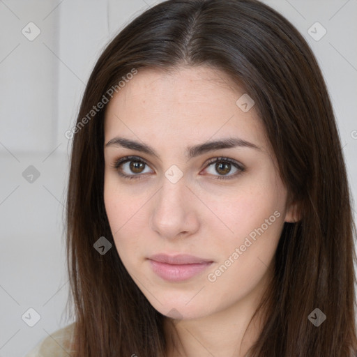 Neutral white young-adult female with long  brown hair and brown eyes