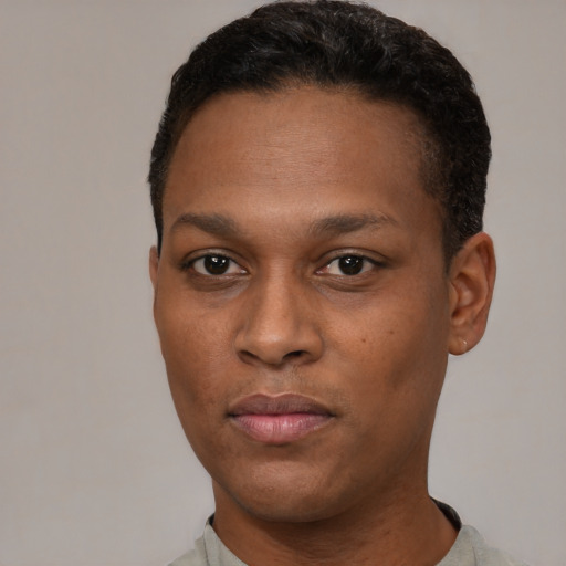 Neutral black young-adult male with short  black hair and brown eyes