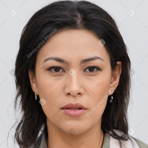 Neutral asian young-adult female with medium  brown hair and brown eyes