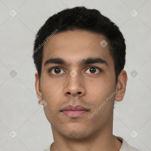 Neutral latino young-adult male with short  black hair and brown eyes