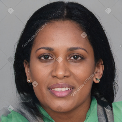 Joyful asian young-adult female with medium  black hair and brown eyes