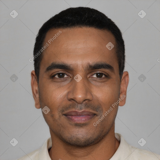 Neutral black young-adult male with short  black hair and brown eyes